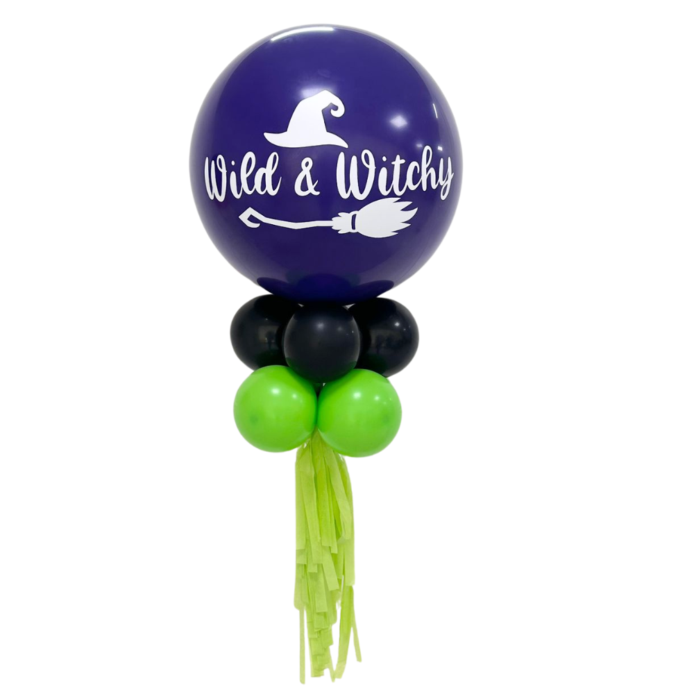 Personalized Halloween Balloon Wand featuring a large balloon with a hat and broom on top, ideal for party photo props and memorable events.