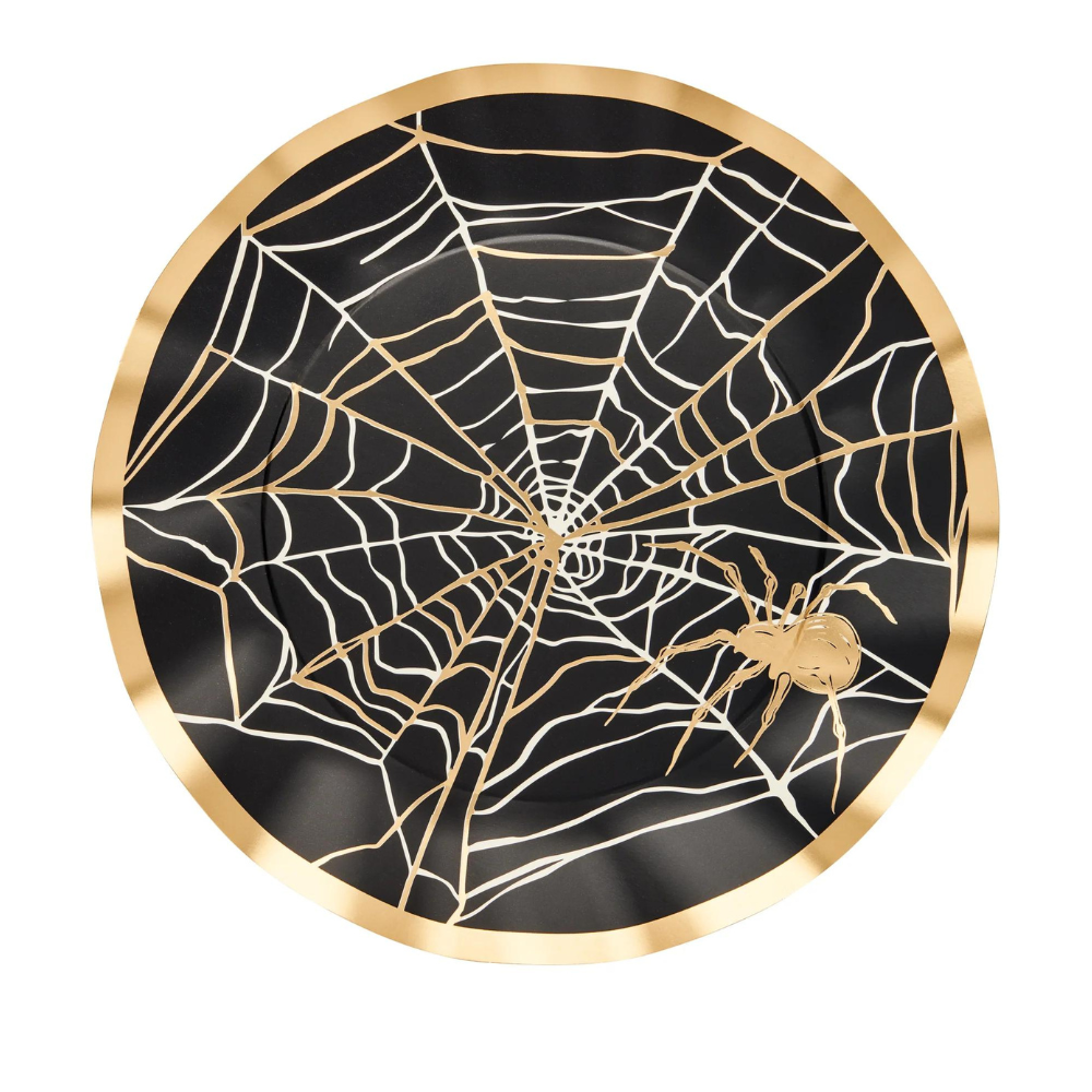 Classic Spooky Dinner Plate featuring a spider and web design, perfect for Halloween table settings. Comes in a package of 8.