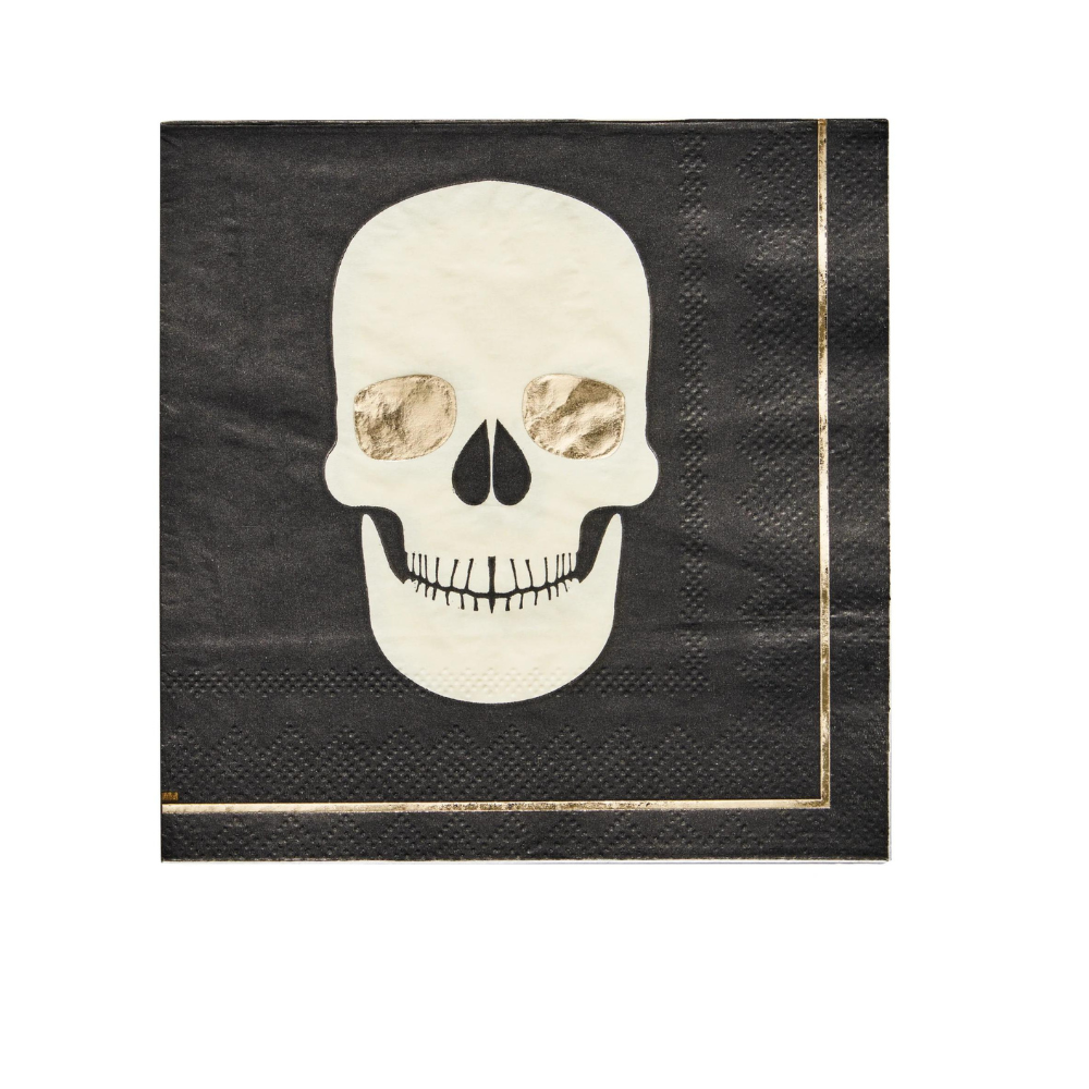 Classic Spooky Skull Cocktail Napkins featuring a skull design, perfect for Halloween table settings. Package includes 20 napkins, ideal for enhancing party sophistication.