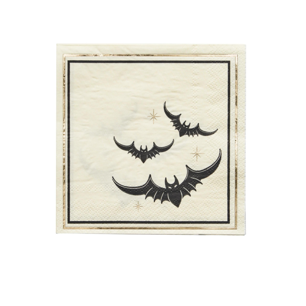 Classic Spooky Bats Cocktail Napkins, featuring bat designs, perfect for Halloween table settings. Available in a pack of 20 from Party Social.