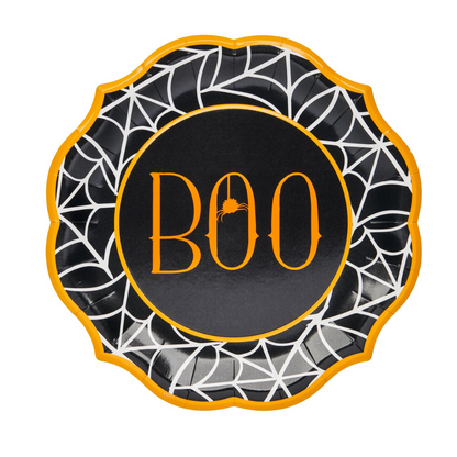 Boo Treats Dinner Plate, featuring Halloween-themed design with playful Boo text and spider motif. Set of 8 plates from Party Social&