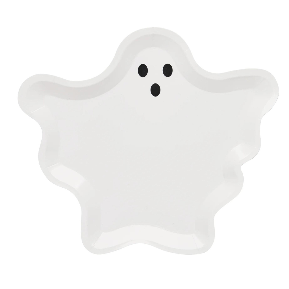 Boo Treats Ghost Salad Plate, featuring a ghost face design, perfect for Halloween gatherings. Comes in a set of eight, enhancing your festive table setting.