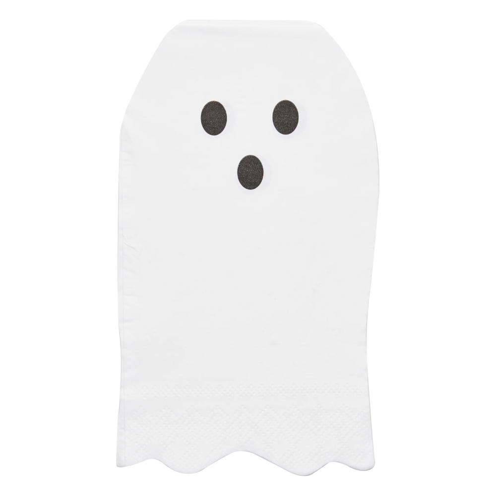 Boo Treats Ghost Guest Towel Napkins, featuring playful black dots, perfect for Halloween gatherings. Pack of 16, ideal for unique party table settings.