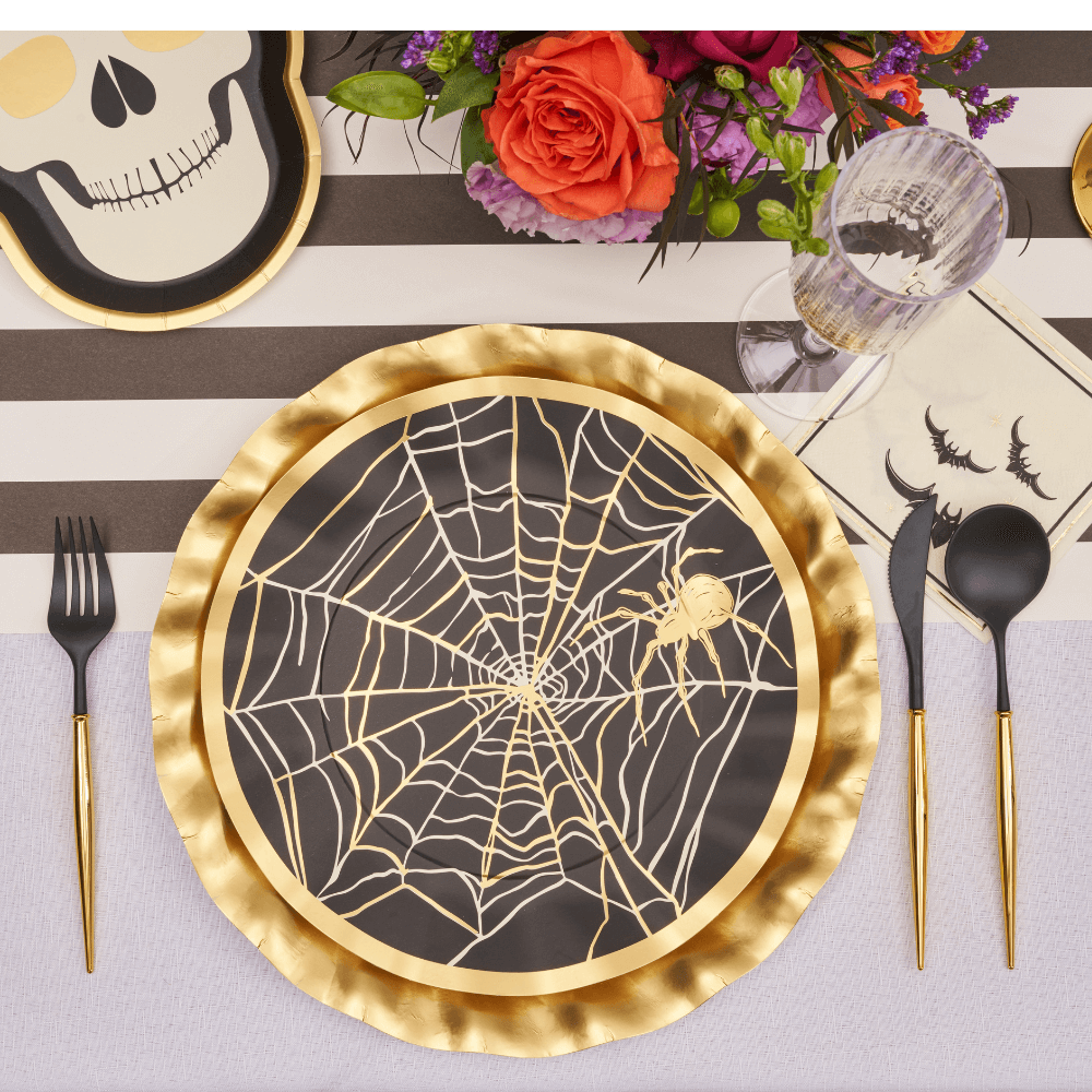 Classic Spooky Dinner Plate with elegant spider design, perfect for Halloween table settings, included in a set of 8, enhancing any festive occasion.