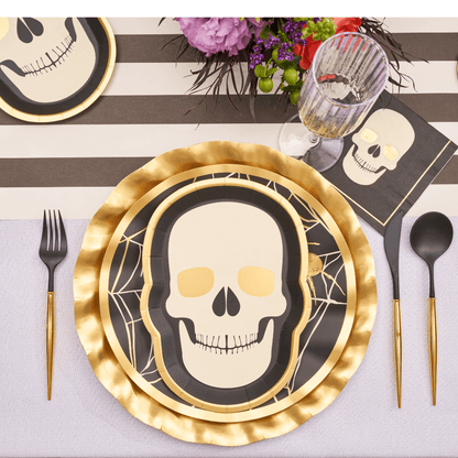 Classic Spooky Salad Plate featuring a skull design, set with cutlery on a table, perfect for adding a chic touch to Halloween gatherings.