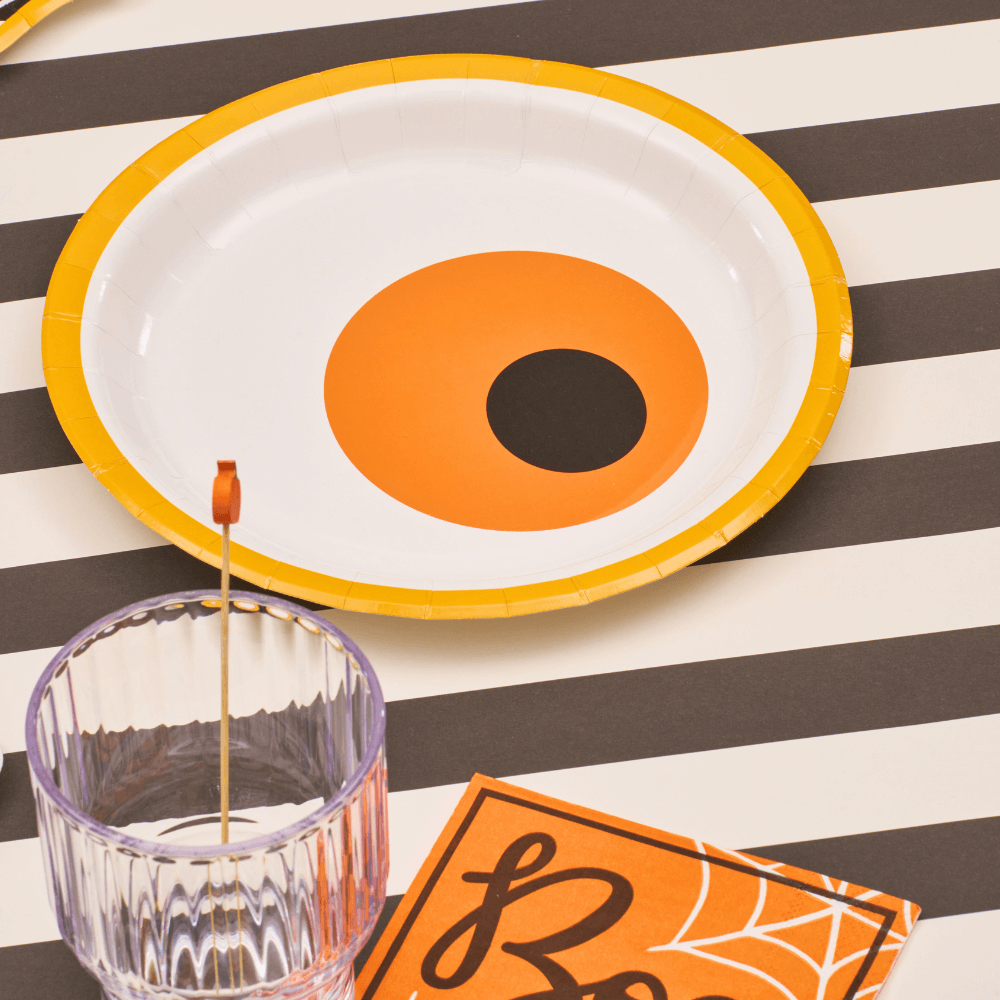 Boo Treats Round Salad Plate featuring a playful Halloween eyeball design on a paper plate, perfect for festive gatherings, 8 per package.