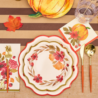 Autumn Foliage Salad Plate on a table setting, featuring a floral design, ideal for enhancing your party tablescape. Comes in a package of eight.