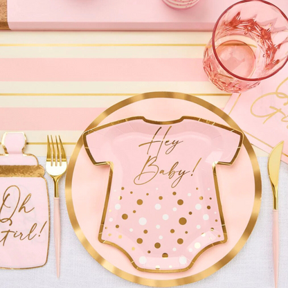 Everyday Blush Dinner Plate, elegantly designed for baby showers, features a pink and gold motif with a baby shirt illustration. Available in sets of eight.