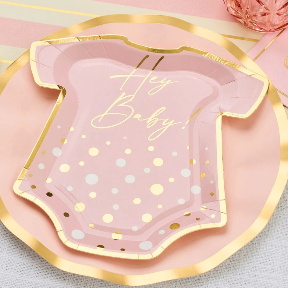 Everyday Blush Salad Plate-8 Per Package, featuring a pink and gold baby shirt design, perfect for enhancing stylish baby showers or birthdays.