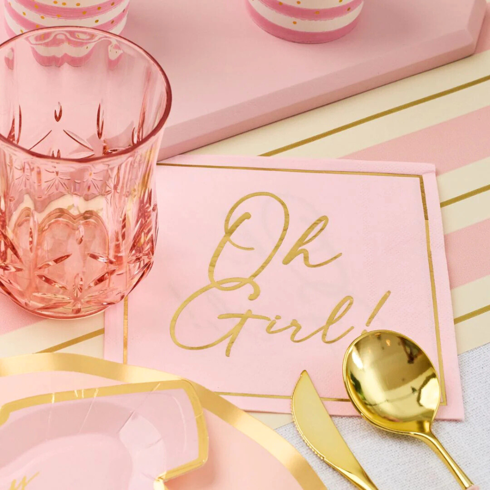 Everyday Blush Luncheon Napkins, elegantly set on a pink and gold table, perfect for enhancing stylish events like baby showers or birthdays.