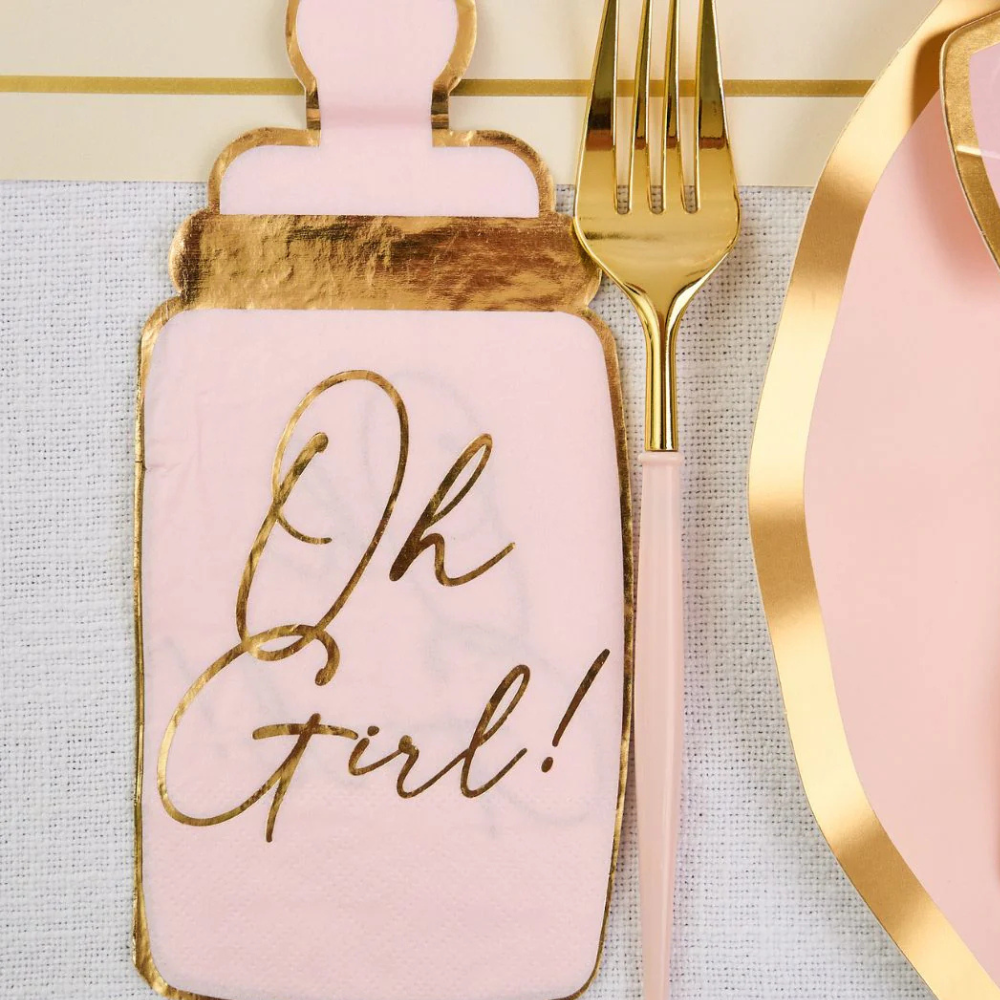 Everyday Blush Guest Towel Napkins, 16-pack, feature pink and gold accents, ideal for enhancing baby showers or birthdays with elegance.