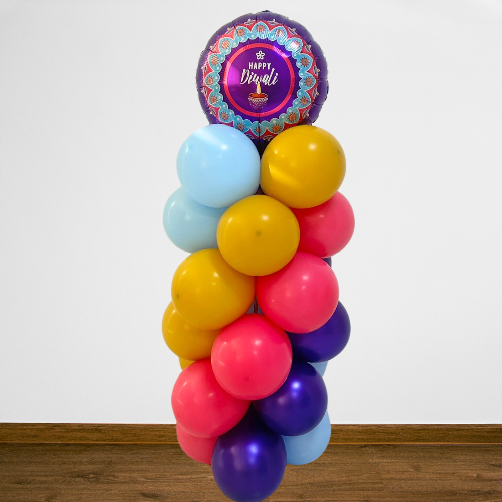 Diwali Balloon Pillar featuring a cluster of vibrant balloons, perfect for festive gatherings and enhancing your party decor.