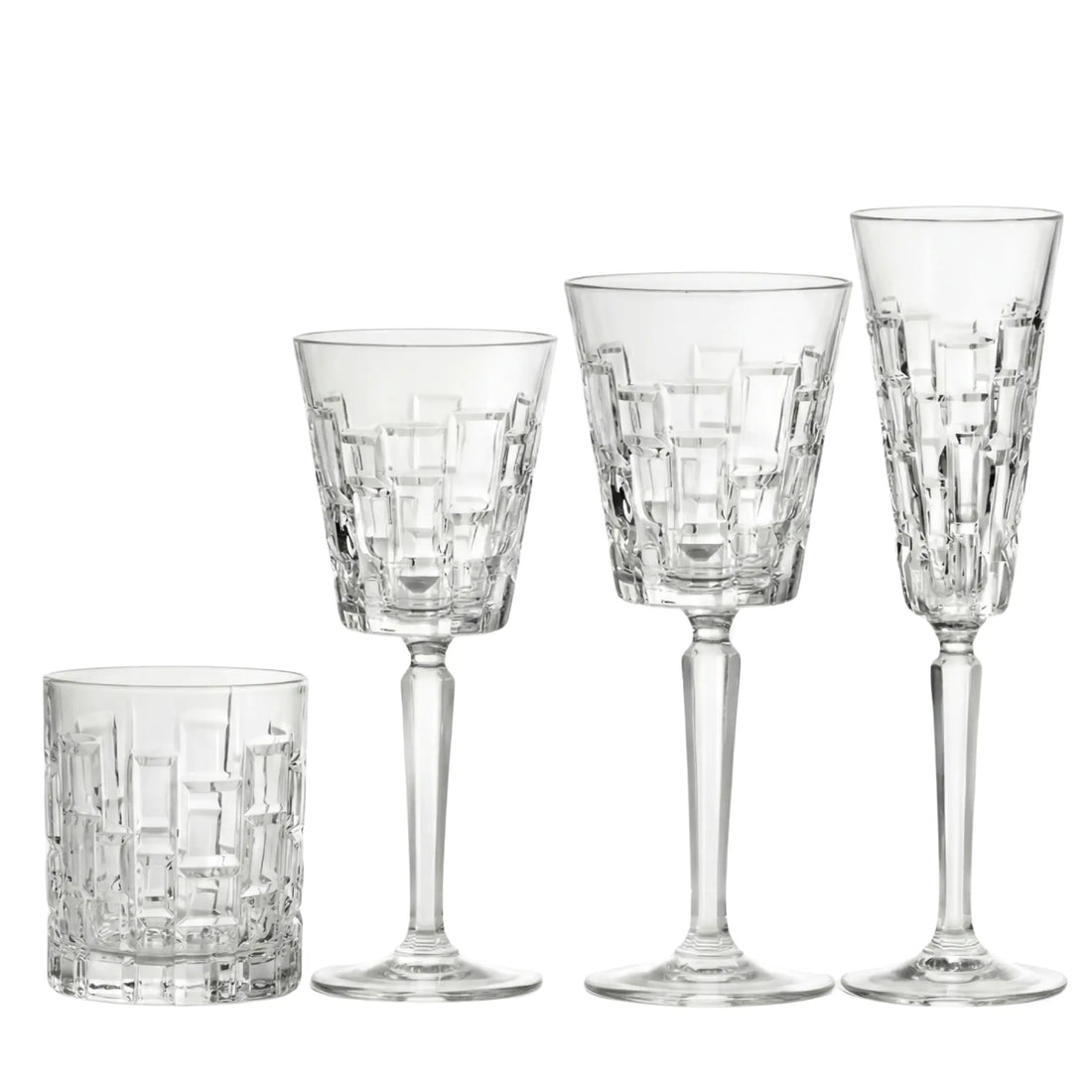Crystal Mykonos Glassware Collection: Four clear cut-glass vessels with geometric patterns, perfect for elegant events and upscale celebrations, including tumbler, wine glasses, and champagne flute.