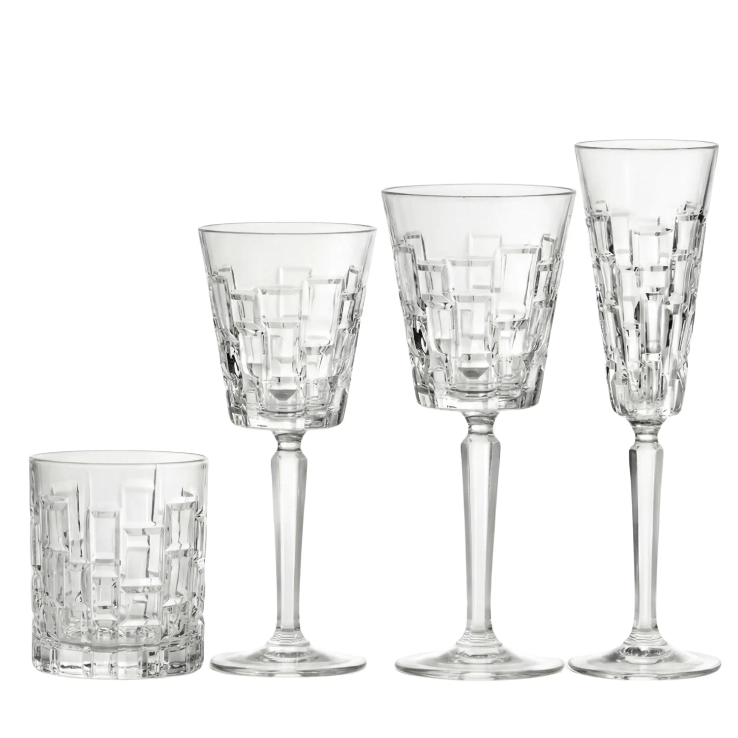 Crystal Mykonos Glassware Collection: Four clear cut-glass vessels with geometric patterns, perfect for elegant events and upscale celebrations, including tumbler, wine glasses, and champagne flute.