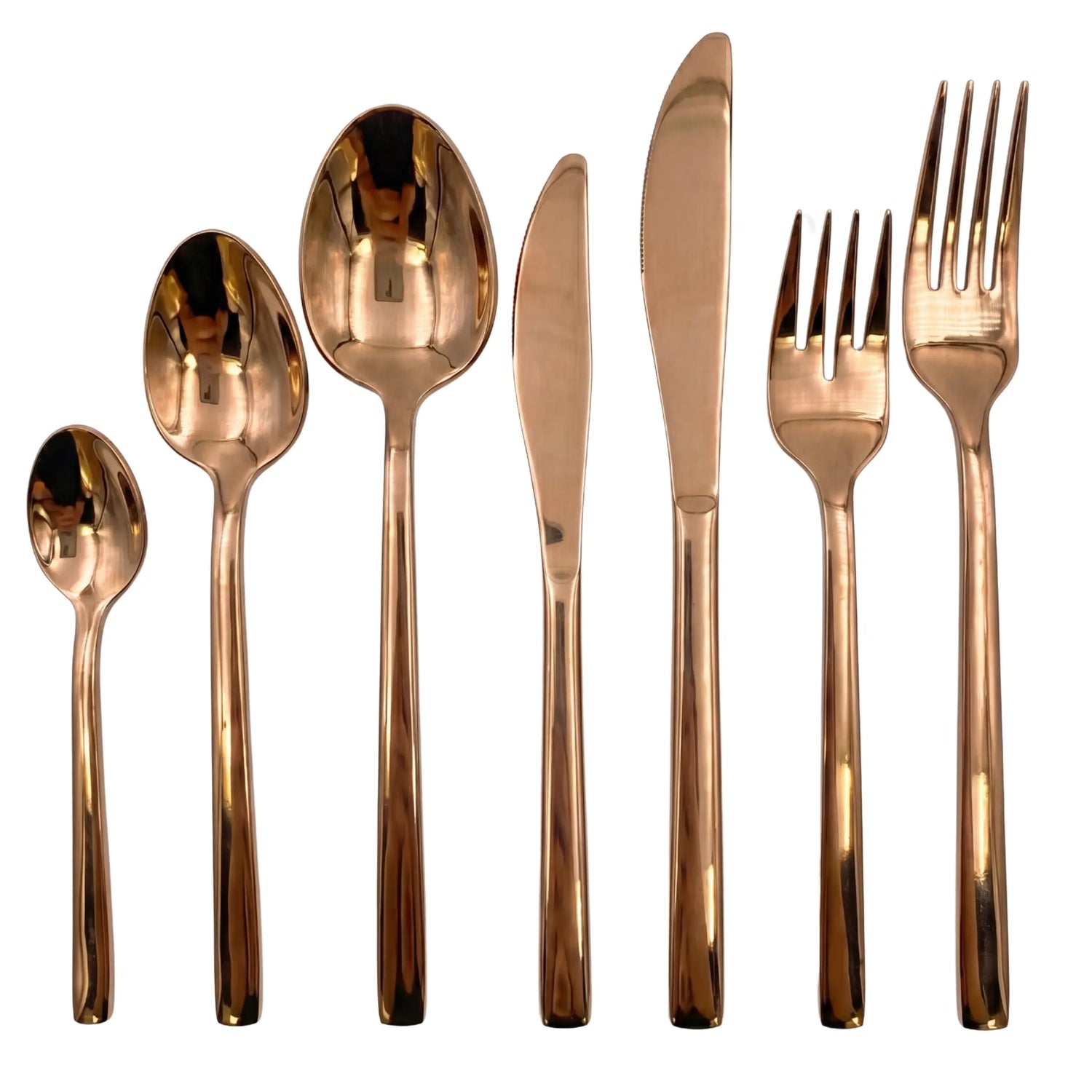 Rose Gold Cutlery Collection: Seven-piece set includes a variety of spoons, knives, and forks, perfect for adding elegance to any dining occasion.