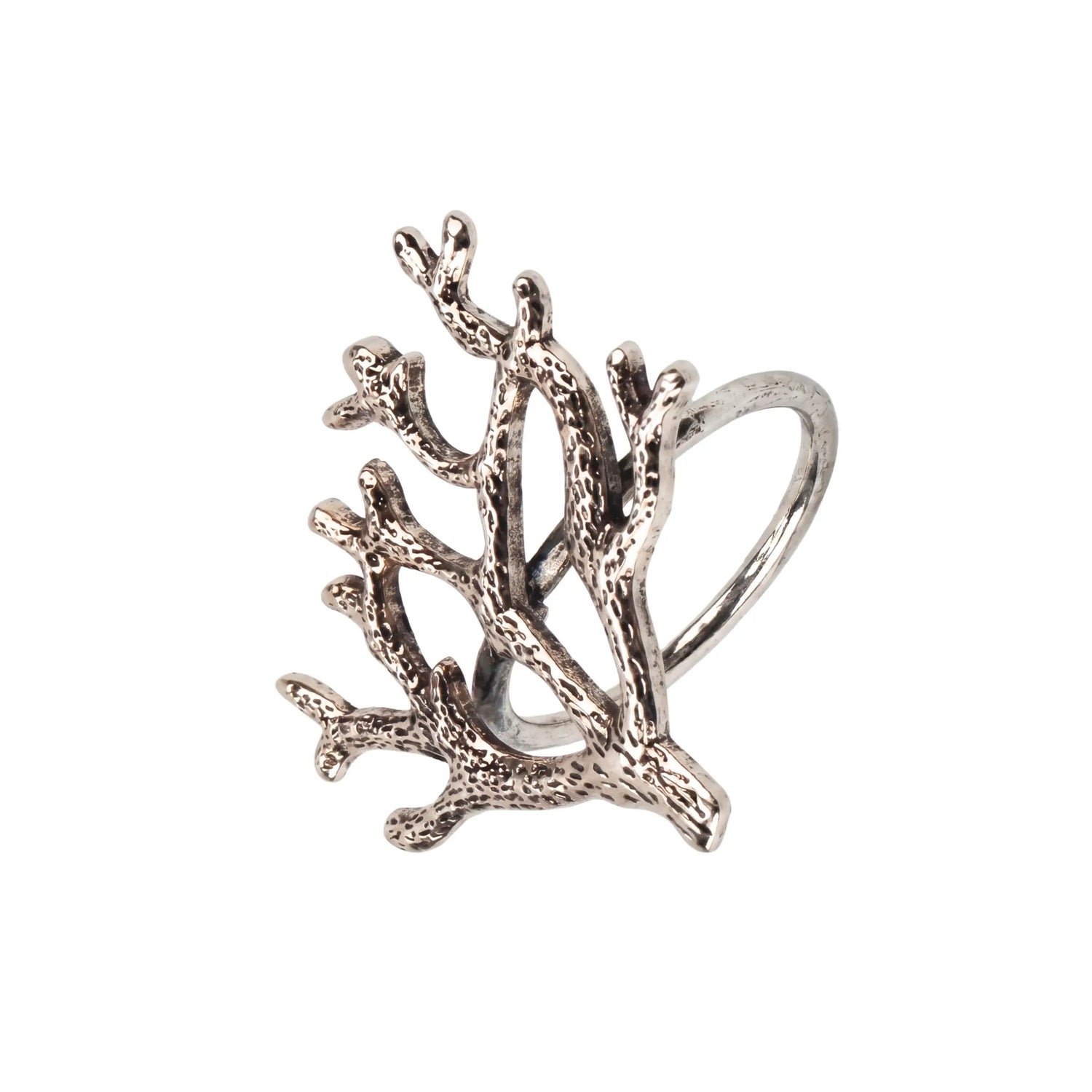 NAPKIN RING - SILVER CORAL: A decorative silver-tone ring mimicking coral branches, perfect for enhancing any tablescape at parties or special events.