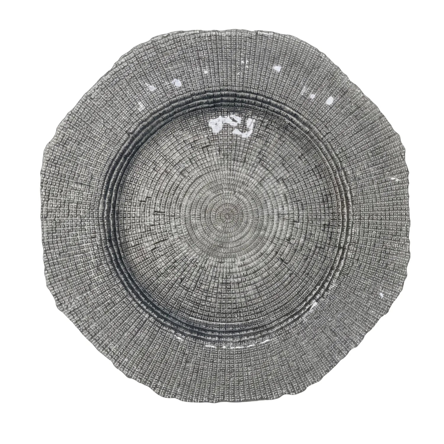 CHARGER PLATE - SILVER GRAIN: Elegant 33cm silver-grey metallic platter with a concentric ring pattern, perfect for enhancing sophisticated table settings at events and special occasions.