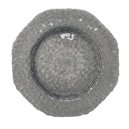 CHARGER PLATE - SILVER GRAIN: Elegant 33cm silver-grey metallic platter with a concentric ring pattern, perfect for enhancing sophisticated table settings at events and special occasions.