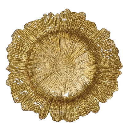 Gold starburst charger plate with ruffled edge and textured radial pattern, reflecting light for a dazzling table focal point at elegant events.