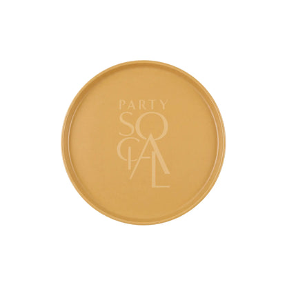Mustard Ceramic Matte Plate featuring PARTY SOCIAL text, ideal for serving snacks or drinks at events, embodies modern simplicity and natural aesthetics.
