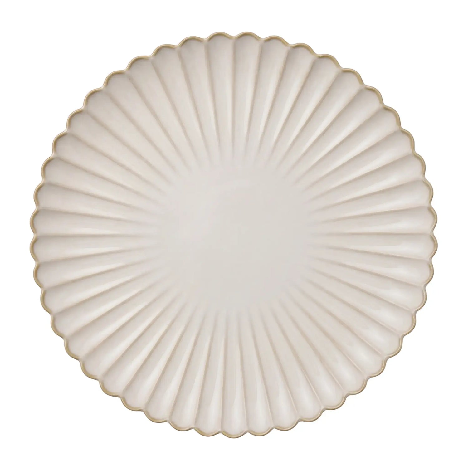 SCALLOPED LIKE PLATES: Top-down view of a cream scalloped-edge charger plate with sunburst pattern and gold trim, ideal for elegant dining presentations.