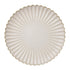 SCALLOPED LIKE PLATES: Top-down view of a cream scalloped-edge charger plate with sunburst pattern and gold trim, ideal for elegant dining presentations.