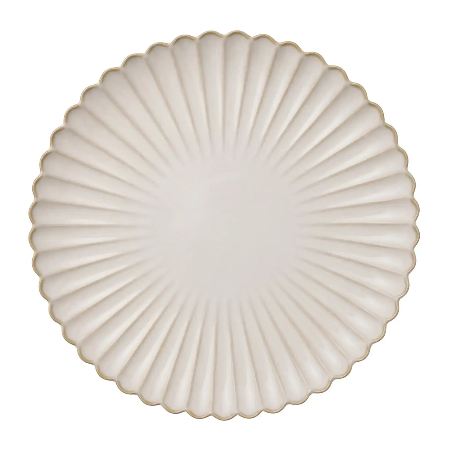 Scalloped Like Plates: A 33cm round ceramic plate with a scalloped edge, radiating ribs, and gold-trimmed rim, ideal for elegant event presentations.