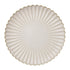 Scalloped Like Plates: A 33cm round ceramic plate with a scalloped edge, radiating ribs, and gold-trimmed rim, ideal for elegant event presentations.
