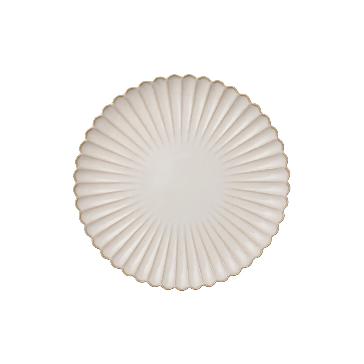 SCALLOPED LIKE PLATES: Round ceramic plate with scalloped fluted design, subtle gold trim, ideal for elegant dining presentations at events and special occasions.