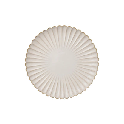 SCALLOPED LIKE PLATES: Round ceramic plate with scalloped fluted design, subtle gold trim, ideal for elegant dining presentations at events and special occasions.