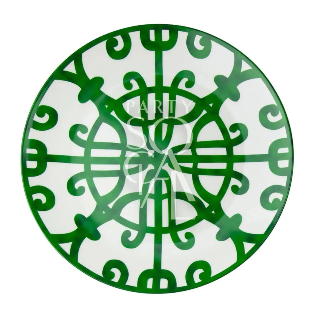 Green &amp; Bold Plates featuring a symmetrical Moroccan-inspired green pattern, ideal for enhancing rustic or boho-themed events, available from Party Social.