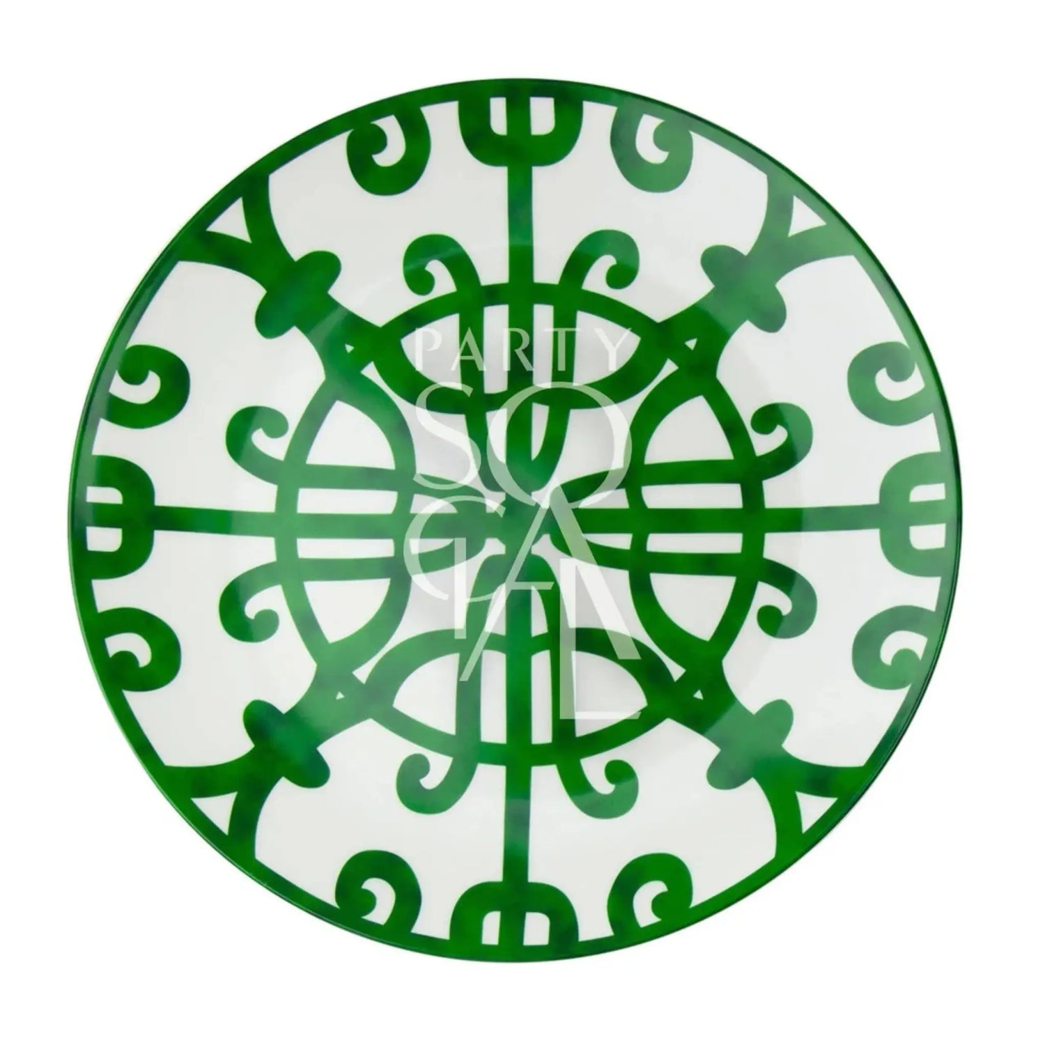 Green &amp; Bold Plates featuring a symmetrical Moroccan-inspired green pattern, ideal for enhancing rustic or boho-themed events, available from Party Social.