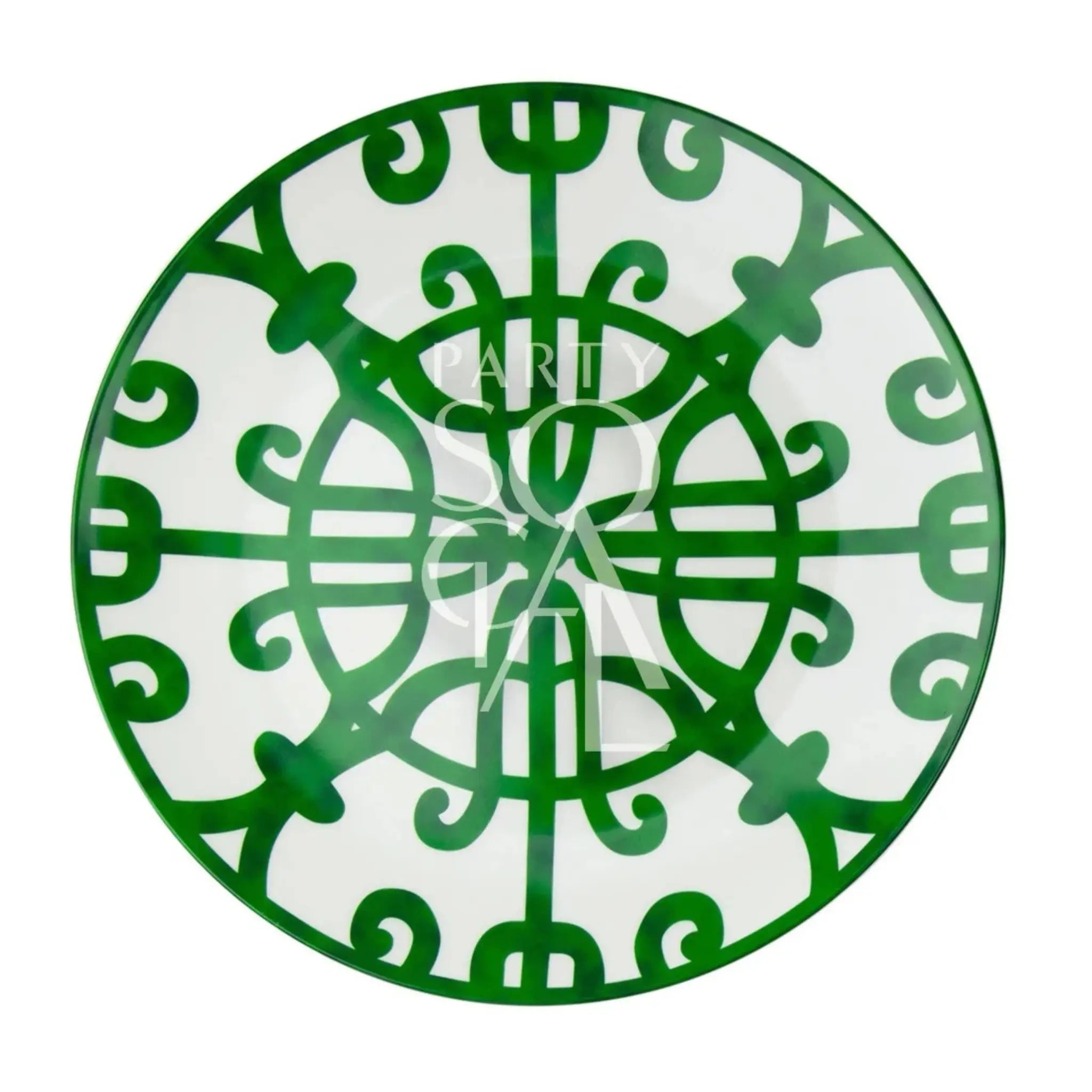 Green &amp; Bold Plates featuring a symmetrical Moroccan-inspired green pattern, ideal for enhancing rustic or boho-themed events, available from Party Social.