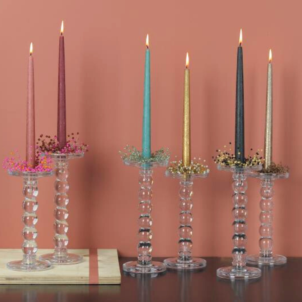 Tapered Smokeless Candles, 40cm, in glass holders, adding elegance to any event. Handcrafted in Belgium, these dripless candles create a warm ambiance. Sold in sets of 2.