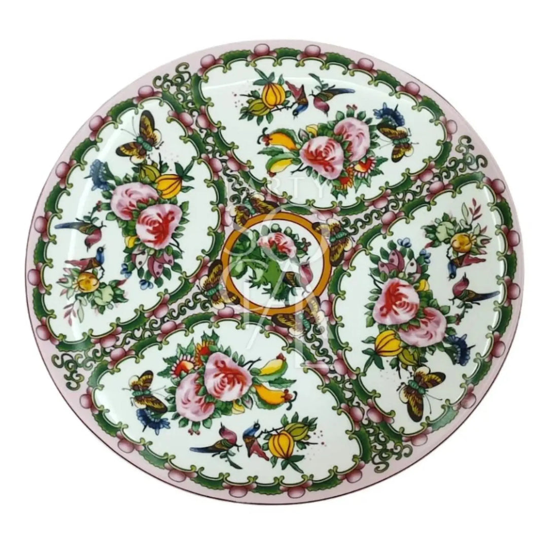 Floral Patterned Plates featuring hand-painted roses, birds, and butterflies on a ceramic platter, perfect for enhancing elegant table settings at parties and events.