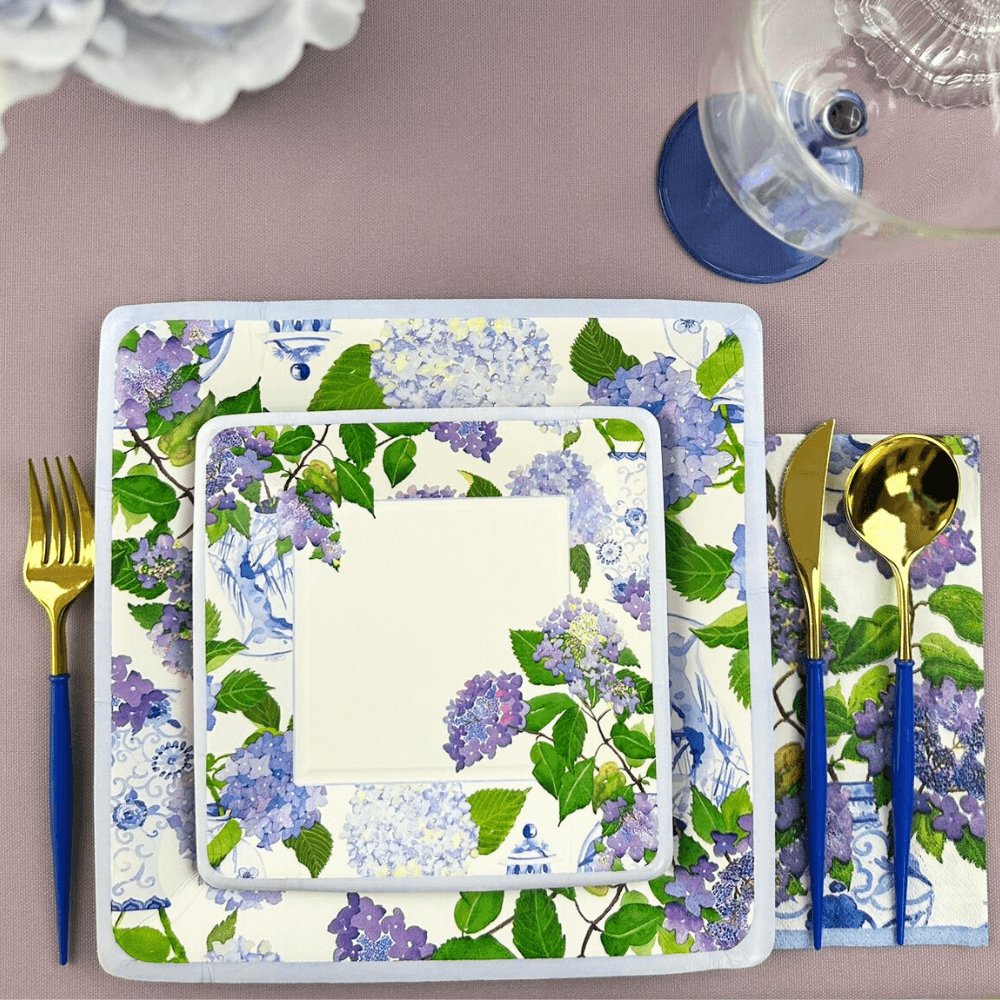 Hydrangeas and Porcelain Square Paper Salad &amp; Dessert Plates - 8 Per Package, featuring a floral design resembling fine porcelain, ideal for elegant yet effortless table settings.