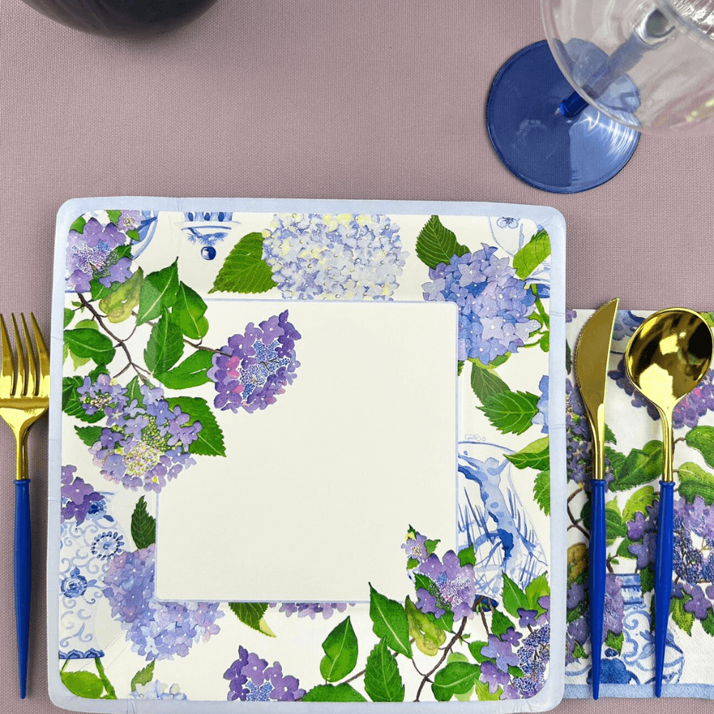 Hydrangeas and Porcelain Square Paper Dinner Plates - 8 Per Package, featuring a floral design on high-quality, durable paperboard, ideal for elegant yet effortless party settings.
