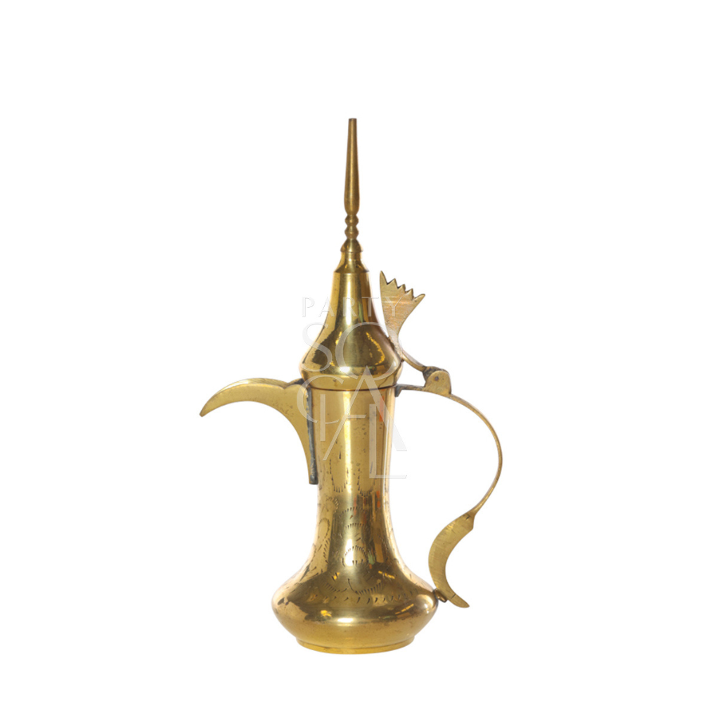 Gold metal teapot with pointy handle, part of Arabic Table Accessories, ideal as a decorative piece for events or table setups.