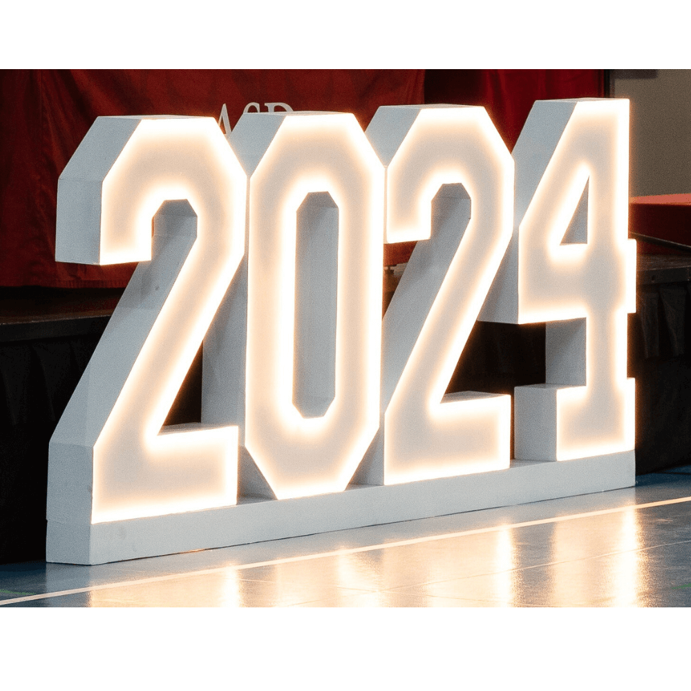 LED Stand-2024, illuminated white numbers on a rectangular base, available for rent. Each number measures 50cm L x 10cm D x 100cm H.