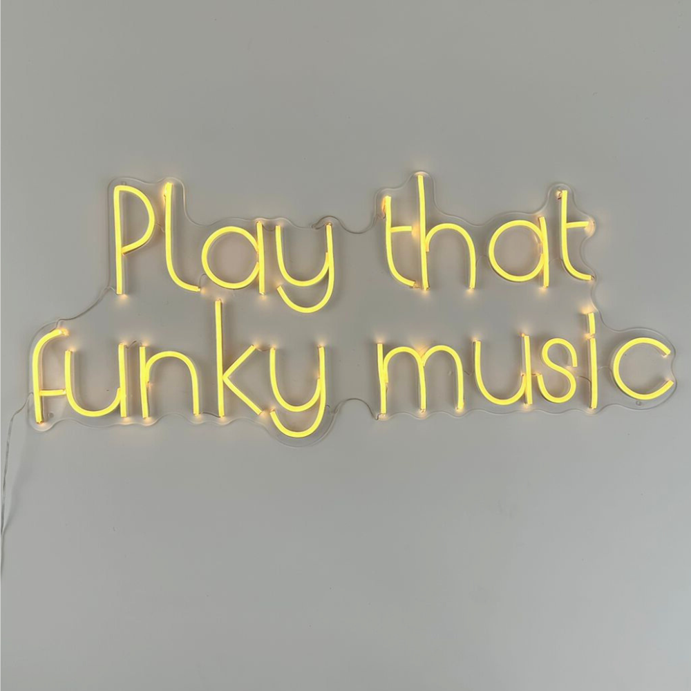 Play That Funky Music- LED Neon Sign, perfect for enhancing event backdrops or bars, adding a lively atmosphere to any party setting. Electric connection required.