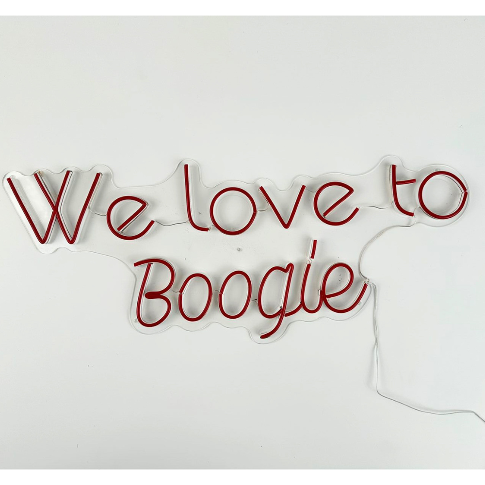 We Love To Boogie-LED Neon Sign, perfect for enhancing party backdrops or bars, requiring an electric connection for vibrant atmosphere creation.