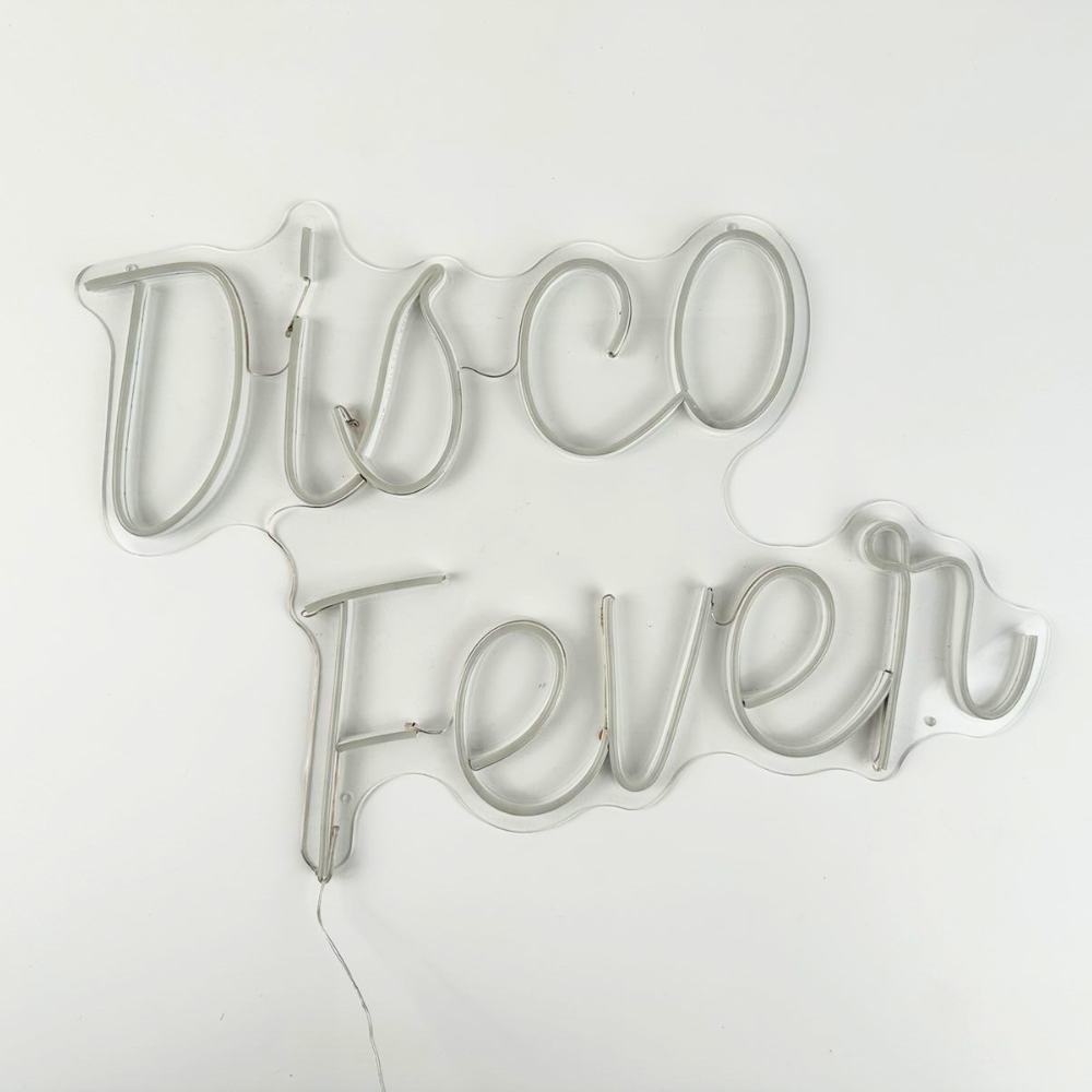 Disco Fever- LED Neon Sign with clear tubing, ideal for enhancing party backdrops or bars; requires electrical connection.