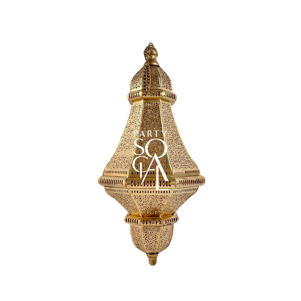 Cone Moroccan Hanging Pendant with intricate holes, designed in rose gold for candle lighting, perfect for creating an elegant ambiance at events.