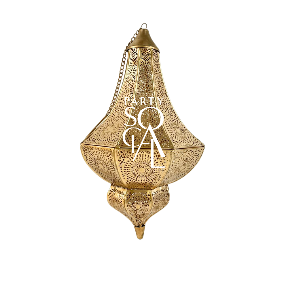 Pinnacle Hanging Pendant: Moroccan-style rose gold lantern with chain, ideal for party ambiance. Requires a candle for illumination. Perfect for events from Party Social.