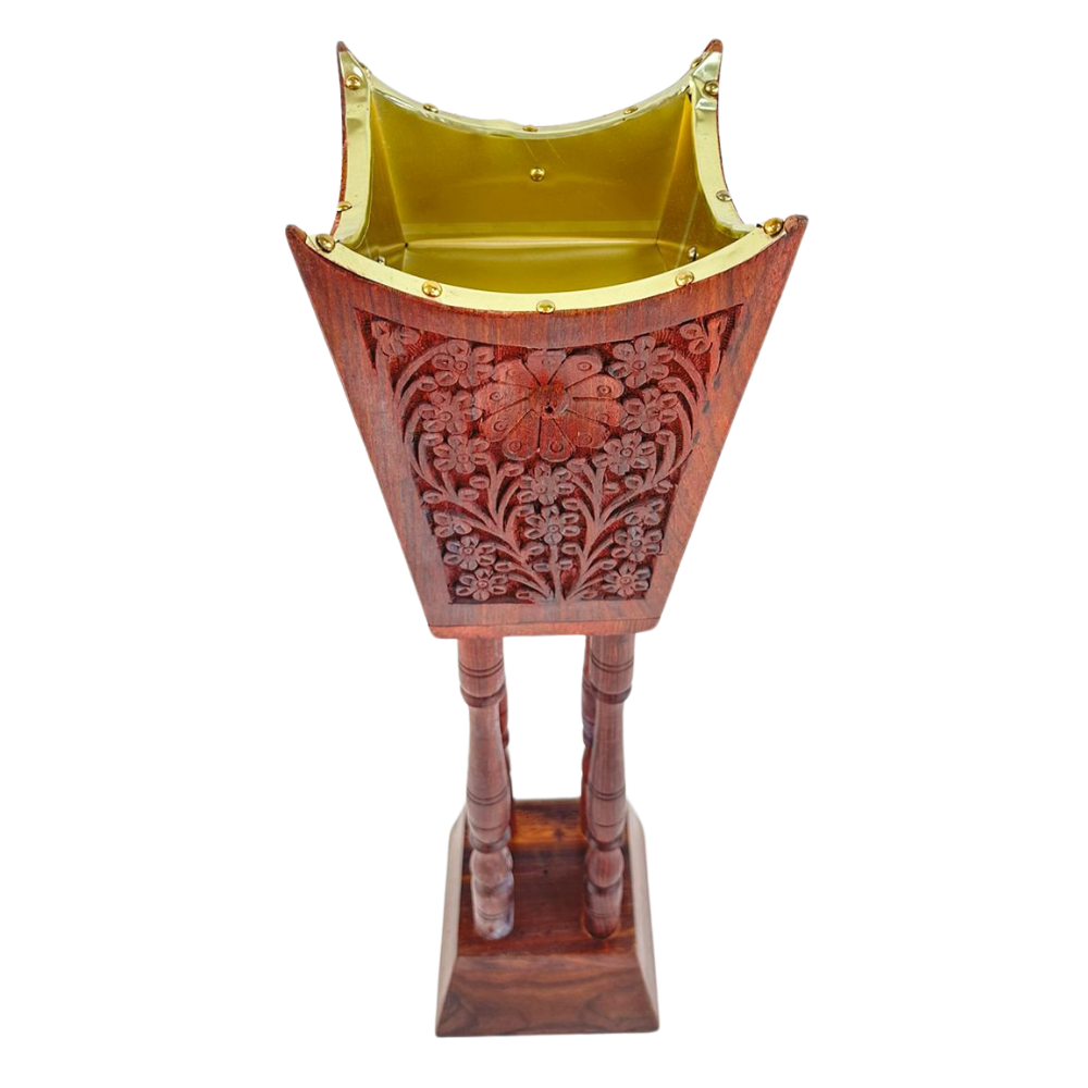 Large Wooden Incense Stand with a gold rim, featuring intricate carvings; ideal for enhancing traditional Arabic decor setups.