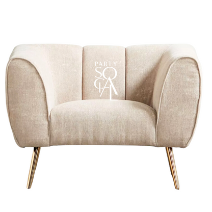 SAND TEXTURED SOFA SINGLE SEATER with gold legs, ideal for elegant lounge seating, showcasing modern luxe style for event decor.