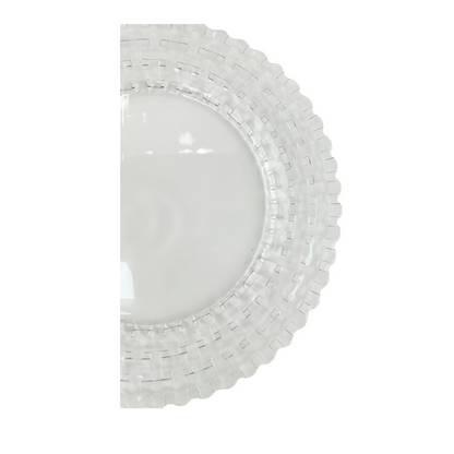 Charger Plate - Clear Basket Weave with scalloped edge, ideal for luxurious table settings at events. Perfect for enhancing party and special occasion dining aesthetics.