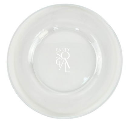 Charger plate with a clear center and white rim, featuring a modern design, ideal for elegant table settings.