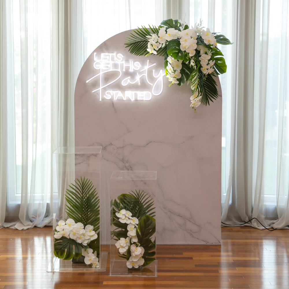 Marble & Greens Backdrop featuring intricate floral designs, perfect for enhancing party and event decor.