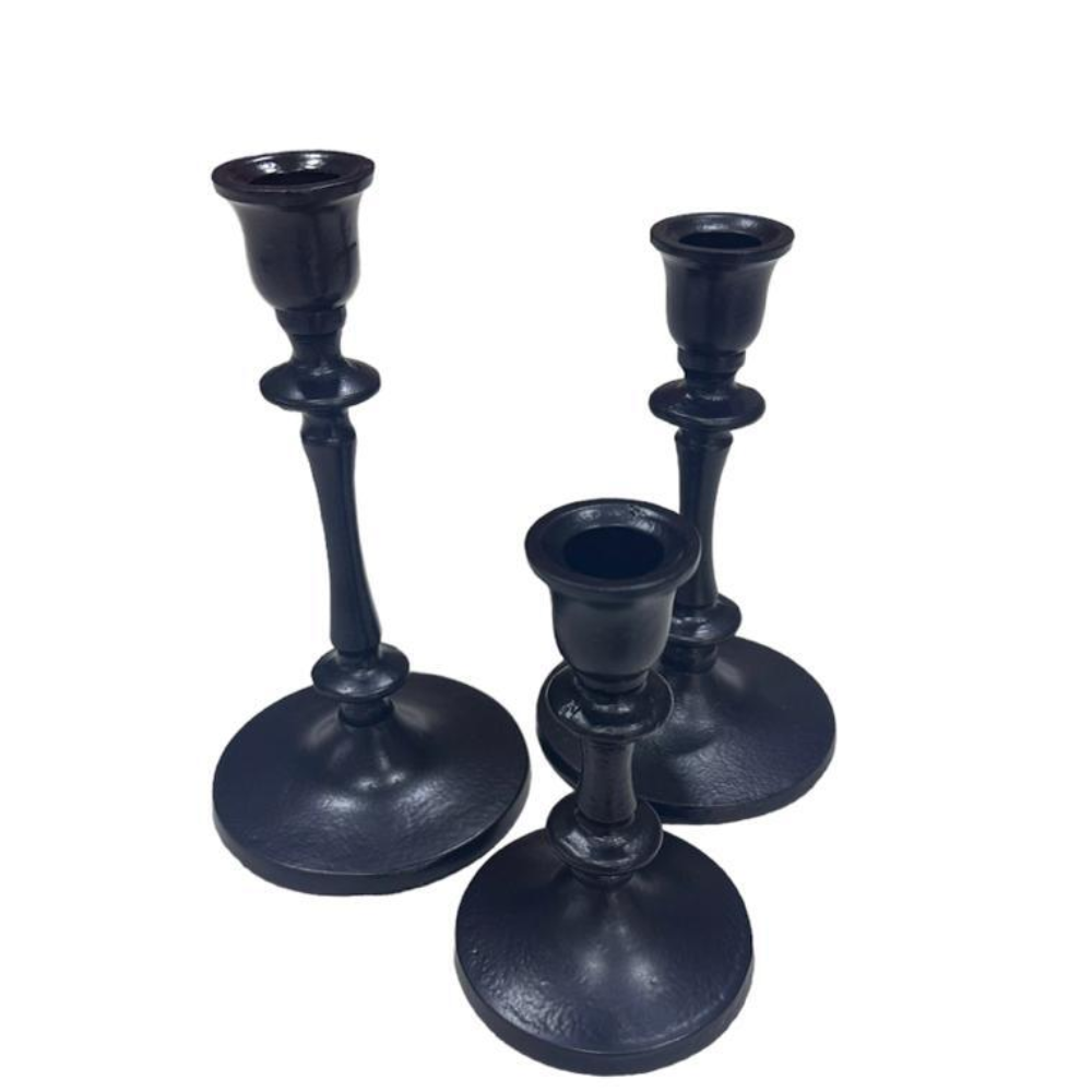 Antique Black Candle Holder Set of 3, ideal for rustic events, featuring small, medium, and large sizes for versatile table arrangements.